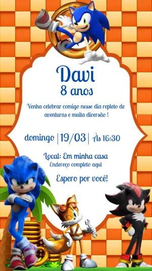 Convite Aniversário Sonic com Personagens para Editar Online