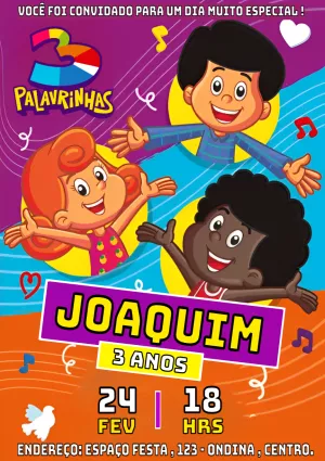 Convite Aniversário Três Palavrinhas para Editar Online