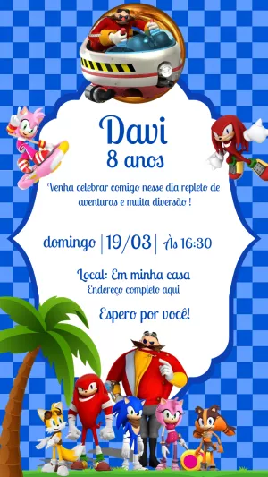 Convite de Aniversário Sonic com Personagens para Editar Online