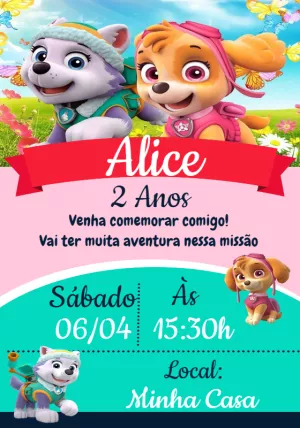 Convite Aniversário Patrulha Canina Skye e Everest para Editar