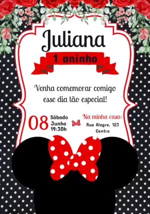 Convite Aniversário Minnie Vermelha Floral para Editar Online