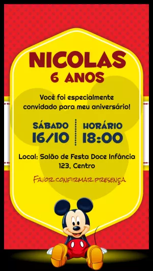 Convite de Aniversário Mickey Mouse Vermelho para Editar Online