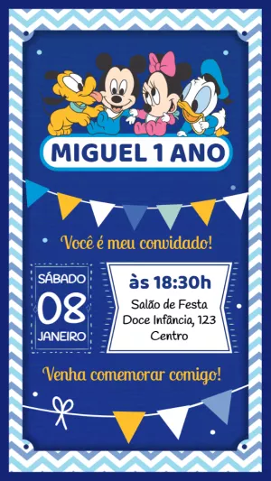 Convite Aniversário Turma do Mickey Baby para Editar Online