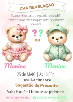 Convite Chá Revelação Ursinhos Fofos para Editar Online