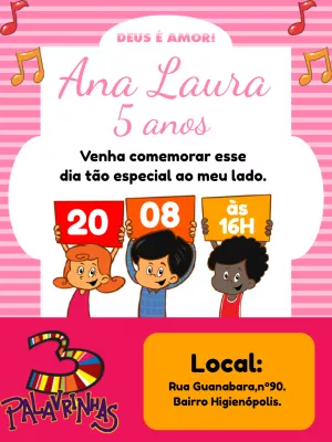 Convite Aniversário 3 Palavrinhas para Editar Online