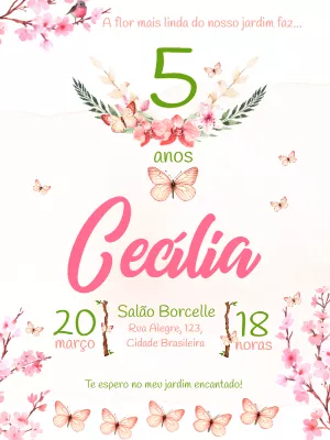 Convite Aniversário Jardim Encantado com Borboletas para Editar
