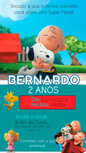 Convite de Aniversário Snoopy e Turma para Editar Online