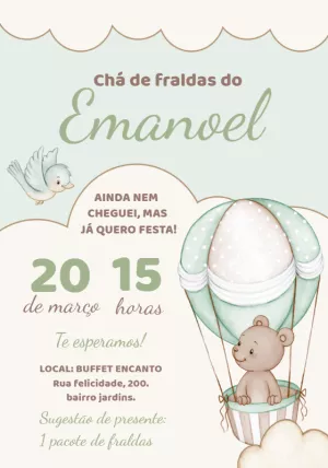 Convite Chá de Fraldas Ursinho Baloeiro para Editar Online