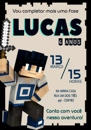 Convite de Aniversário Minecraft com Skin para Editar Online