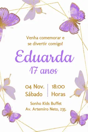 Convite Aniversário Borboleta Lilás e Dourado Editável
