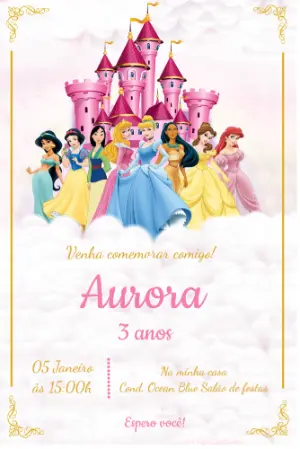 Convite de Aniversário Princesas e Castelo Rosa Editável