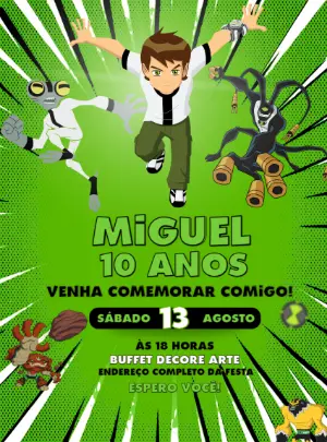 Convite de Aniversário Ben 10 com Aliens para Editar Online