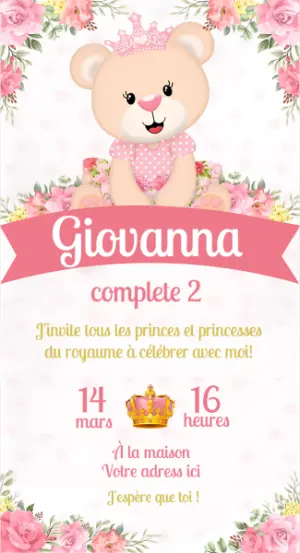 Invitation anniversaire oursonne princesse rose modèle à modifier