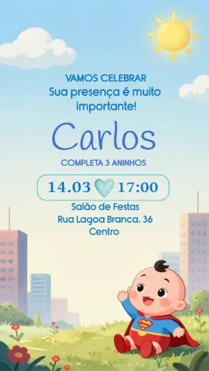 Convite de Aniversário Super Herói Bebê Fofo Editável