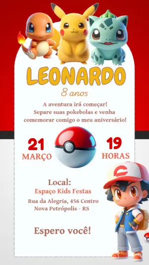 Convite Aniversário Pokémon com Pikachu e Amigos para Editar