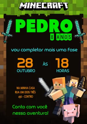 Convite de Aniversário Minecraft com Personagens para Editar Online
