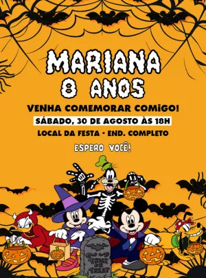 Convite Aniversário Halloween Turma do Mickey para Editar Online