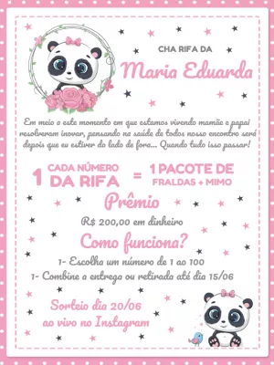 Convite Chá Rifa Pandinha Rosa para Editar Online