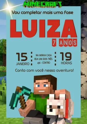 Convite de Aniversário Minecraft com Personagens para Editar