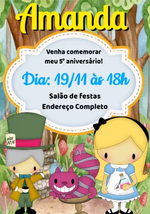 Convite Aniversário Alice no País das Maravilhas para Editar