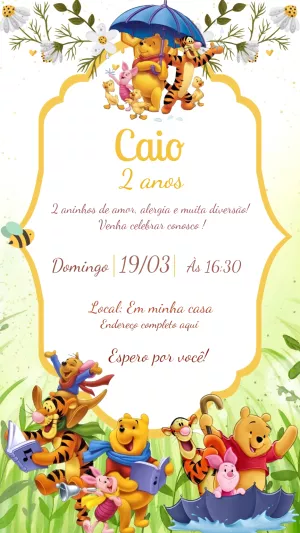 Convite Aniversário Ursinho Pooh e Amigos para Editar Online