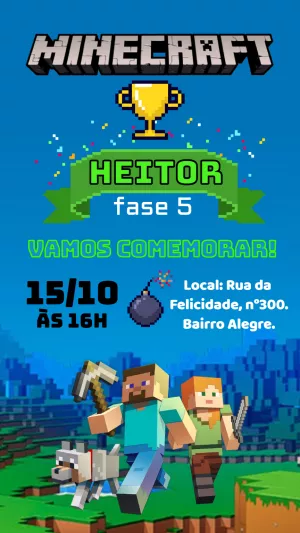 Convite de Aniversário Minecraft com Personagens para Editar Online