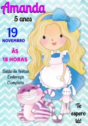 Convite Aniversário Alice no País das Maravilhas para Editar