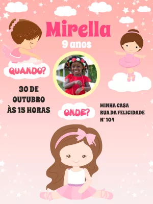 Convite Aniversário Bailarina com Foto para Editar Online