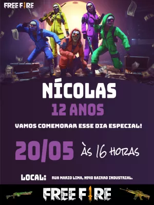 Convite de Aniversário Free Fire com Personagens para Editar