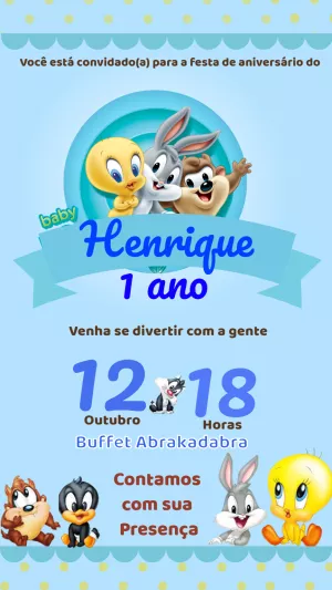 Convite Aniversário Baby Looney Tunes para Editar Online