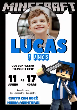 Convite Aniversário Minecraft com Foto para Editar Online