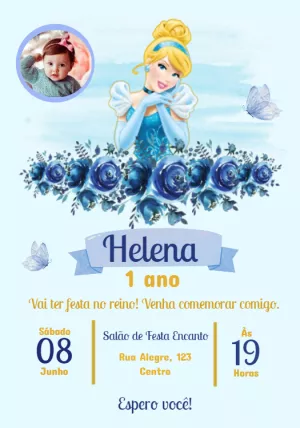Convite de Aniversário Cinderela com Foto para Editar Online