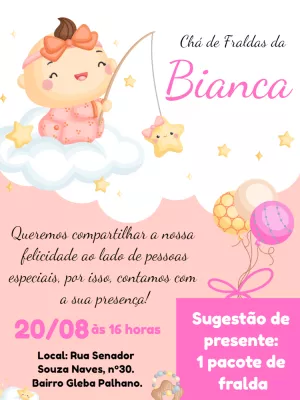 Convite Chá de Fraldas Menina na Nuvem para Editar Online