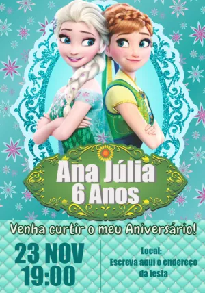 Convite de Aniversário Frozen com Ana e Elza para Editar