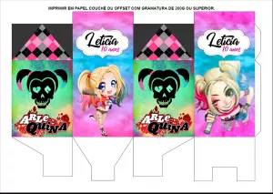 Caixa Milk Arlequina para Festa Editável Online e Imprimir