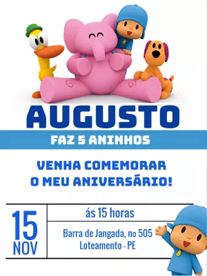 Convite de Aniversário Pocoyo e sua Turma para Editar Online