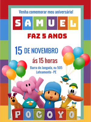 Convite Aniversário Pocoyo com Personagens para Editar