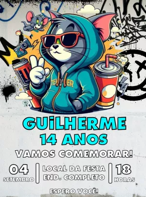 Convite de Aniversário Tom e Jerry Graffiti para Editar