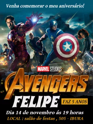 Convite Aniversário Vingadores com Heróis para Editar Online
