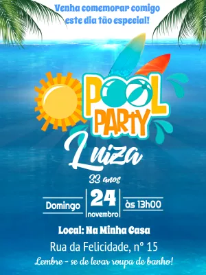 Convite de Aniversário Pool Party Editável Online com Tema Verão