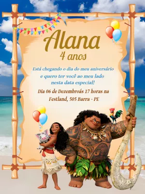 Convite de Aniversário Moana com Personagens para Editar Online