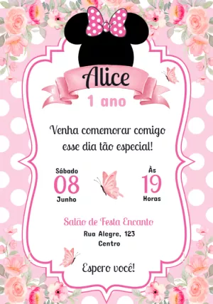 Convite de Aniversário Minnie Rosa para Editar Online