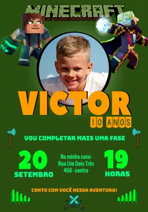 Convite de Aniversário Minecraft com Foto para Editar