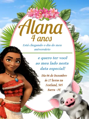 Convite de Aniversário Moana com Personagens para Editar Online