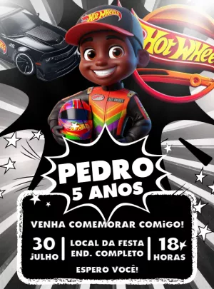 Convite de Aniversário Hot Wheels com Carros para Editar Online