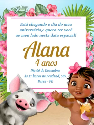 Convite Aniversário Moana Baby para Editar Online