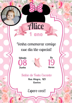 Convite Aniversário Minnie Mouse com Foto para Editar Online