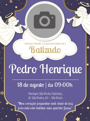 Convite de Batizado com Foto e Anjinhos para Editar Online