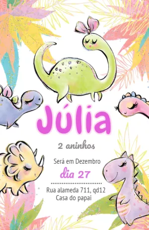 Convite Aniversário Dinossauro Rosa para Editar Online