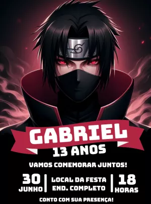 Convite Aniversário Sasuke Uchiha Editável para Imprimir